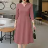 ZANZEA 2026 Spring Summer Dress Women Elegant 3/4 Sleeve Work Dresses Stylish Solid A Line Robe V Neck Waisted Party Sundress