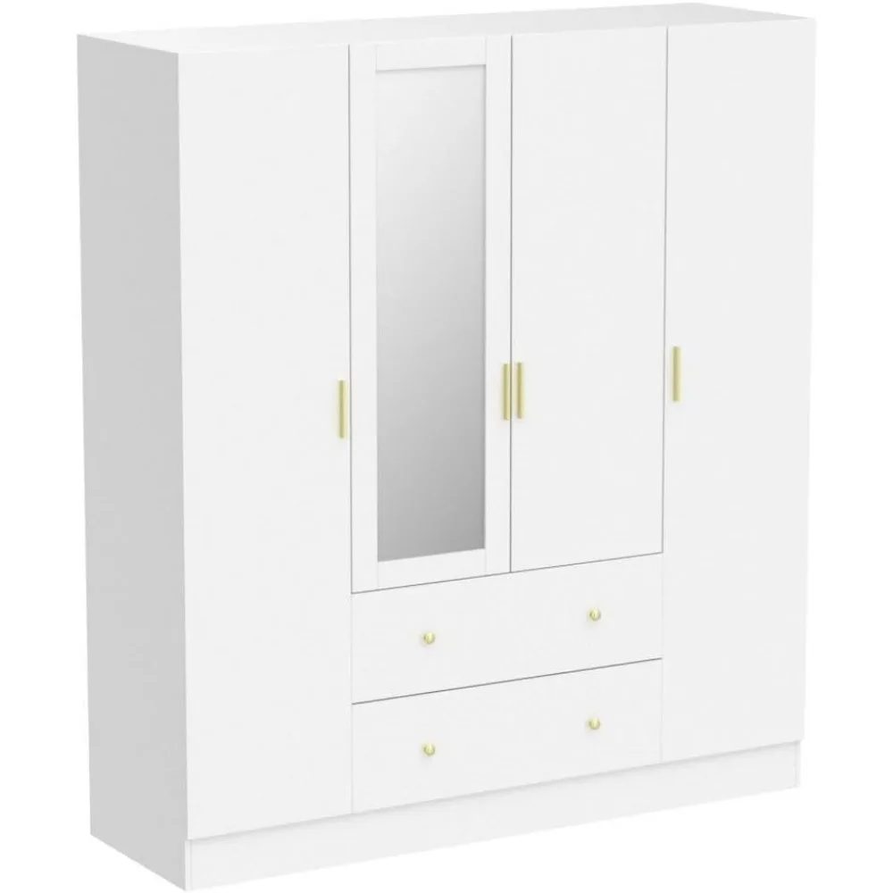 Wooden wardrobe armoire with mirror, 5-tier shelves, 2 drawers, 2 hanging rods, 4 doors.  63"W x 19.7"D x 70.9"H. 5