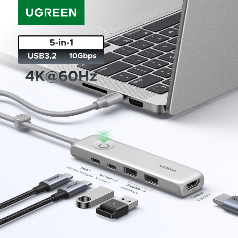  UGREEN 5-in-1 USB HUB Type-C to 4K60Hz HDMI USB3.2 Gen2 10Gbps Data Transfer USB2.0 PD100W for Laptop MacBook Samsung HP Dell 