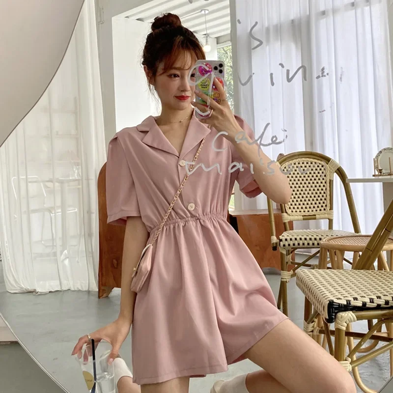 Woman Loose Straight Wide Leg Shorts Playsuits Summer 2021 Women Suit Collar Purple Jumpsuit New Korean High Waist Casual Shorts