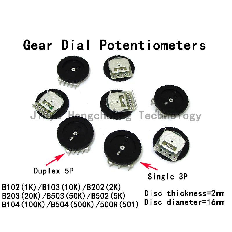 20Pcs Dial Gear Potenziometro Single Duplex B102 B202 B502 B103 B203 B503 B104 Muslimb B501 500 3-Pin 5-Pin 16*2 Interruttore Del Volume