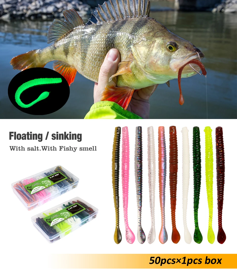 50-teiliges Angelköder-Set, schwimmender Slug-Köder, sinkender Regenwurm, weicher künstlicher Silikonköder, Meer-Wobbler, Wurmköder, alles zum Angeln – Detail 1