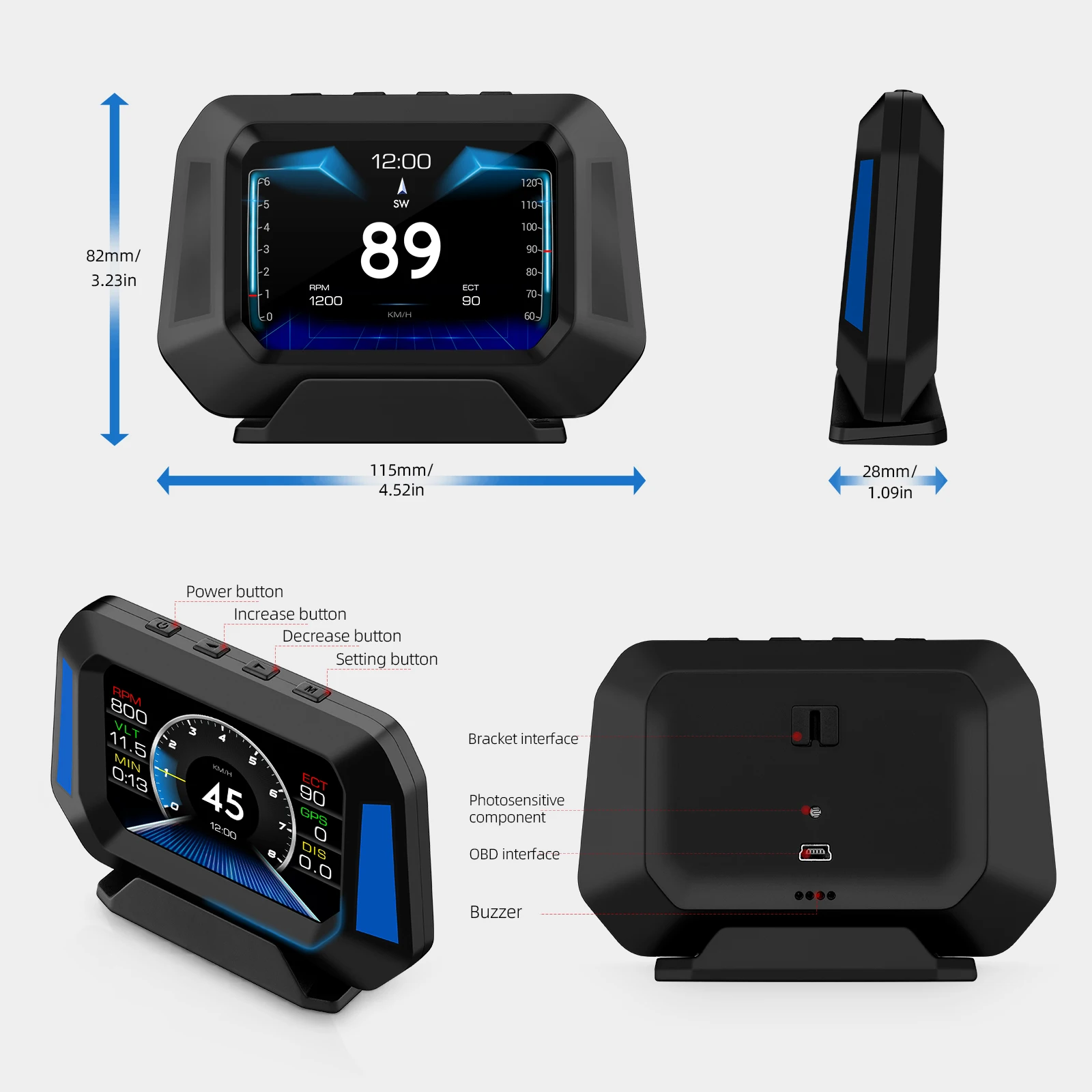 P21 자동차 HUD OBD2 GPS 헤드업 디스플레이 온보드 컴퓨터 속도계 타코미터 연료 소비량 수온 전압 게이지