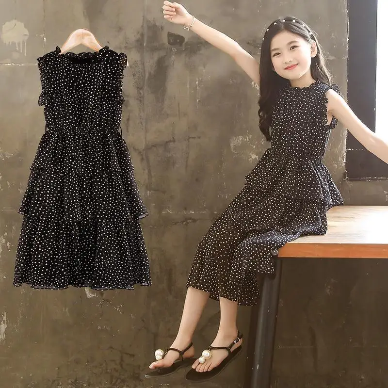

5-16 Year Teen Girls Sleeveless Mesh Chiffon Dress Polka Dots Ruffle Design Party Princess Costume Vestidos Summer Kids Dress