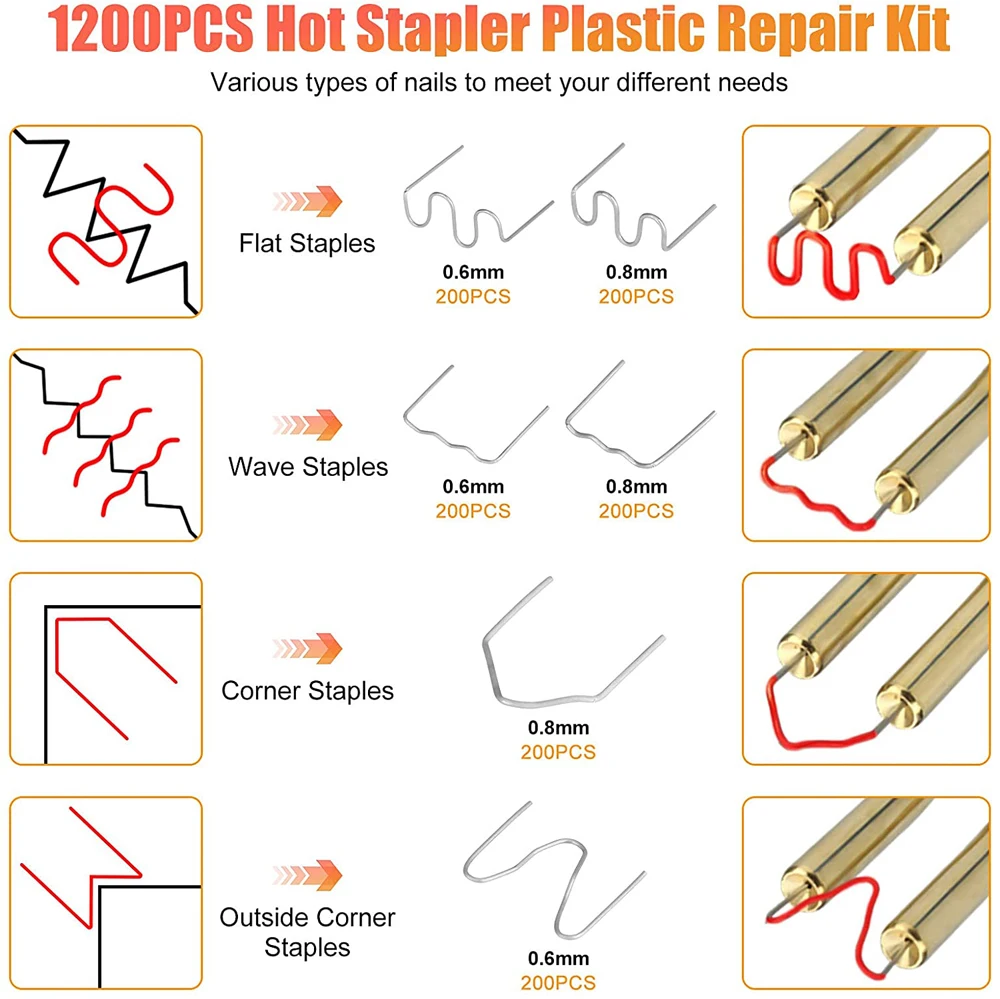 600PCS Automotive Plastic Repair Welding Nail Standard Pre Cut Wave Staples Bumper Bodywork Repairs Machine Welding Hot Stapler 3