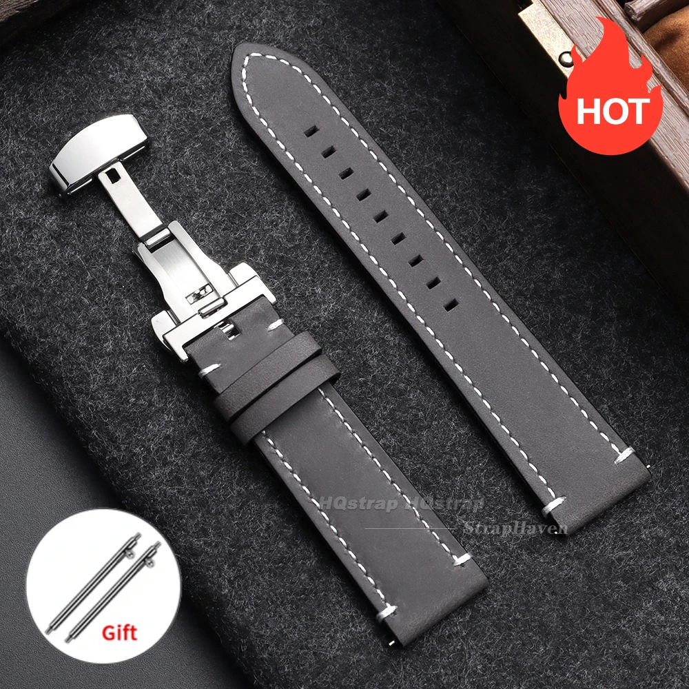 Vintage Leather Watch Strap with Butterfly Buckle - Premium Business Wristband Accessory