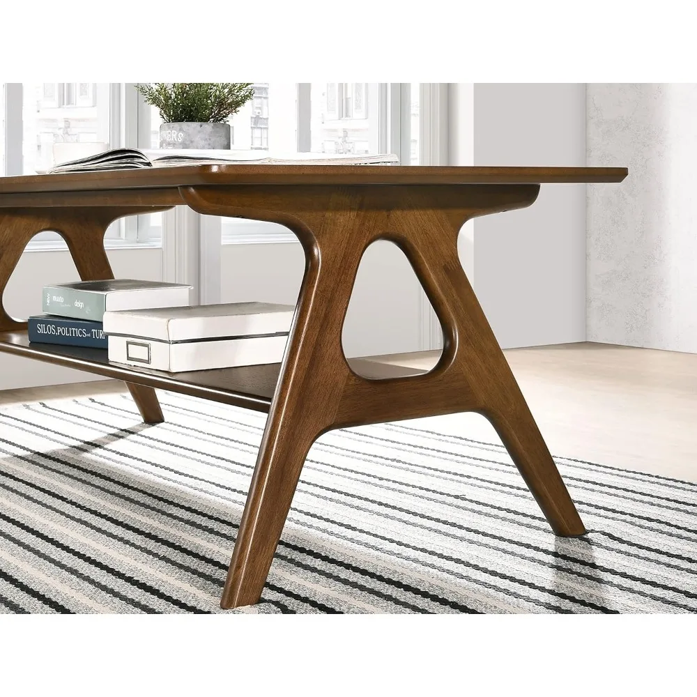Mid-Century Modern Wood Coffee Table with Shelf Rectangular Table 5
