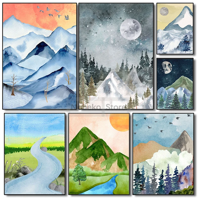 Nature Landscape Illustrats Mountain Stream Sunrise Sunset Poster Prints Canvas Painting Wall Art Pictures Home Room Decor