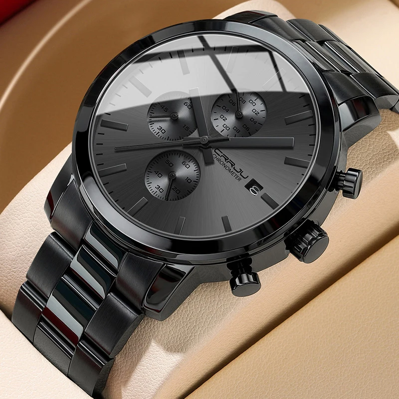 CRRJU Orologio Da Uomo In Acciaio Inox 316L, Cronografo Al Quarzo Con Movimento Giapponese Seiko, Quadrante Blu, Cinturino In Acciaio, Impermeabile 30M, Regalo Con Scatola - 5