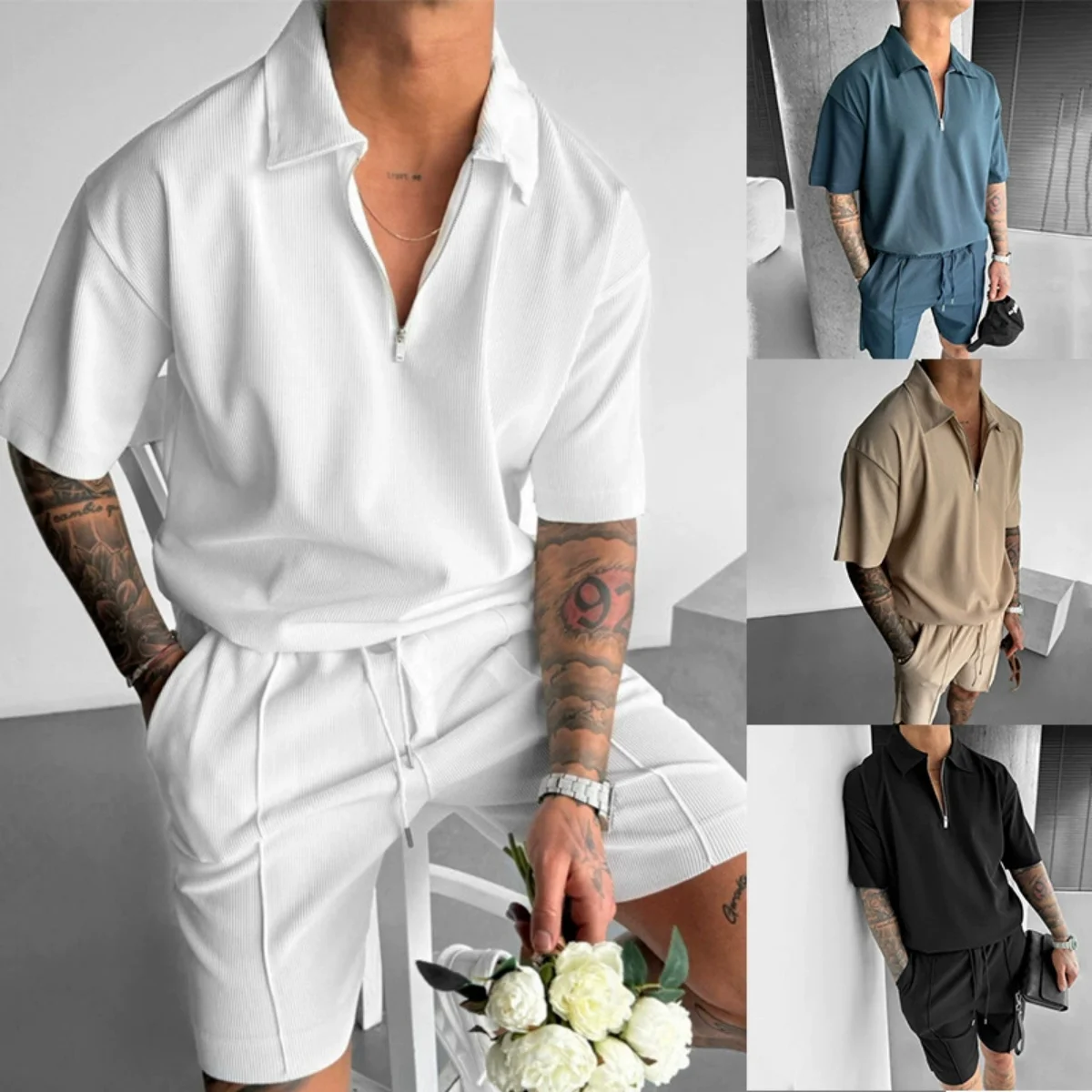 2025 summer men's new zipper polo casual short-sleeved drawstring shorts men's suit men's solid color casual sports fashion suit 1