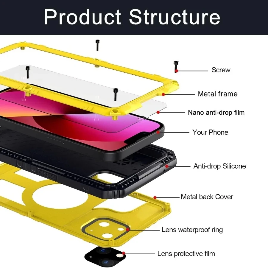 IP68 heavy-duty durable aluminum metal case for iPhone 15 14 13 12 11 Pro Max XS XR 8 Waterproof case Shockproof screen cover