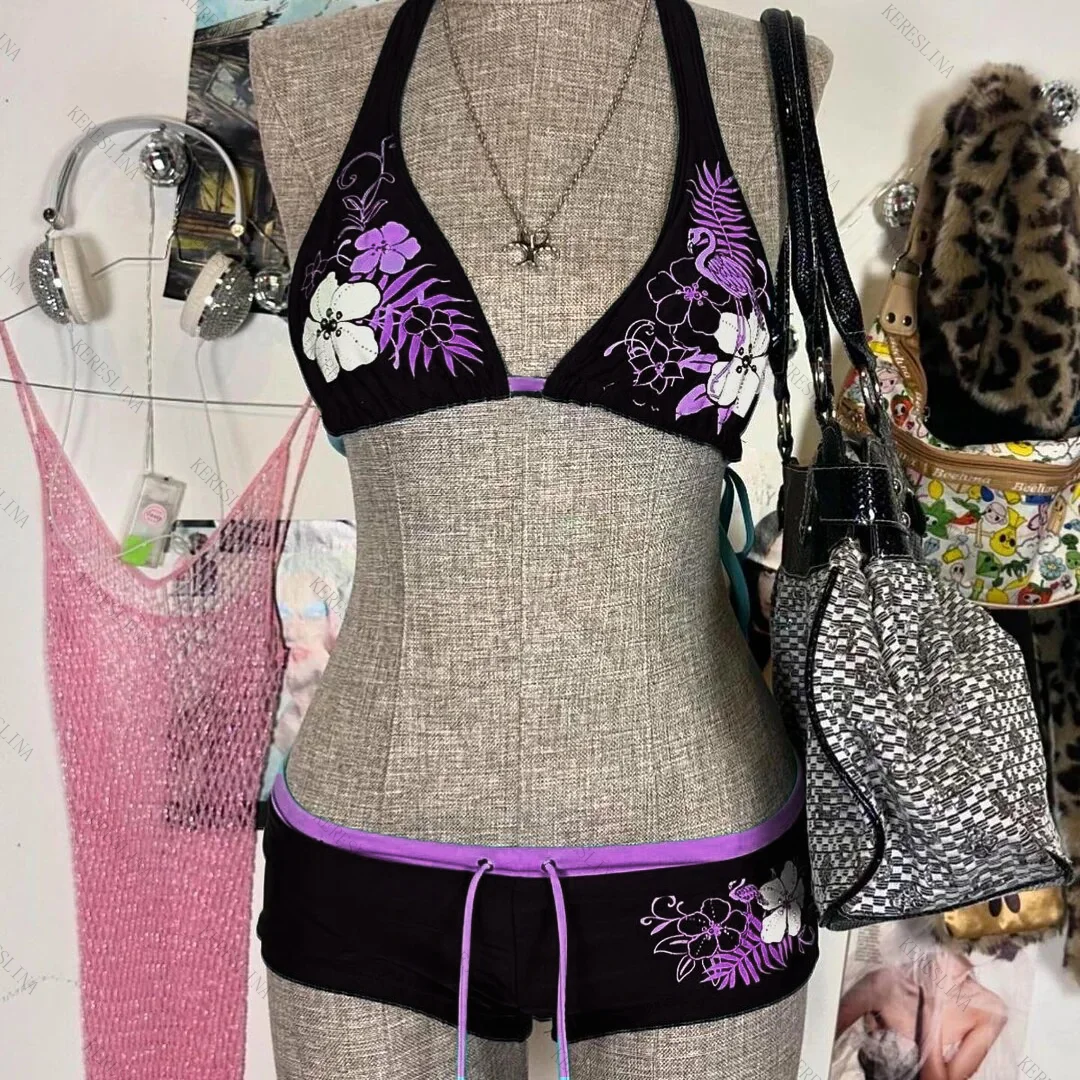 Y2K Vintage Floral Bikini Set - Sexy Halter Swimwear for Women
