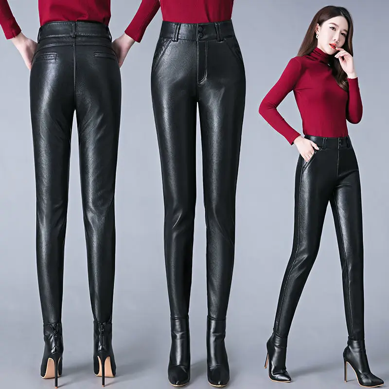 

Hot Selling Women Autumn and Winter Stretchy Faux Leather Long Pants High Waist Trousers Slim PU Female Pencil T760