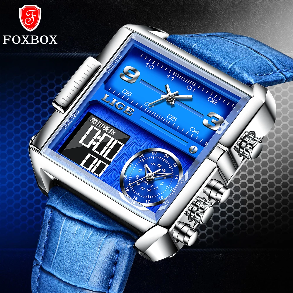 FOXBOX Fashion Man Quartz WristWatch Brand LIGE Dual Display leather belt Watches Luminous Waterproof Chronograph Sports Watch