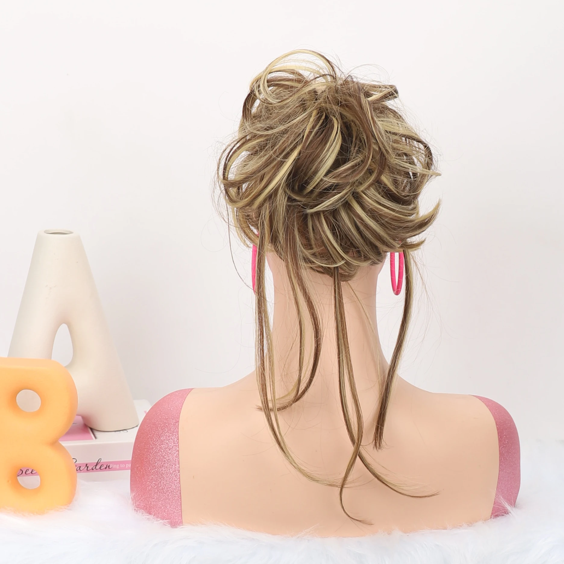 곱슬머리 시뇽 메시 번 헤어 롱 투슬 업두 스크런치(탄성 밴드 포함) 여성용 합성 헤어피스 여성용