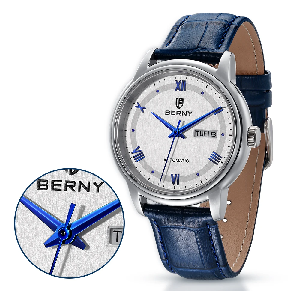 BERNY Branded Mens Watch Classic De Ville Automatic Mechanical Wristwatch Sapphire Luxury 5ATM Waterproof Japan Movement Watches