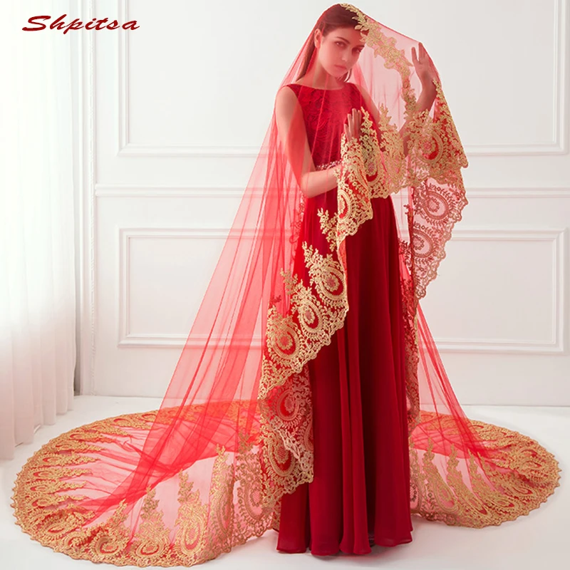 Red Lace Long Cathedral Wedding Veil 3 M One Layer Women Bride Bridal