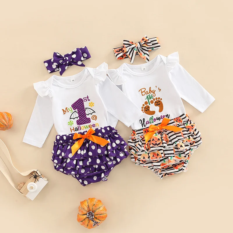 

3Pcs Baby Girls Halloween Outfit, Long Sleeve Romper + Print Bloomers + Headband Set for Newborn Girls, 0-12 Months