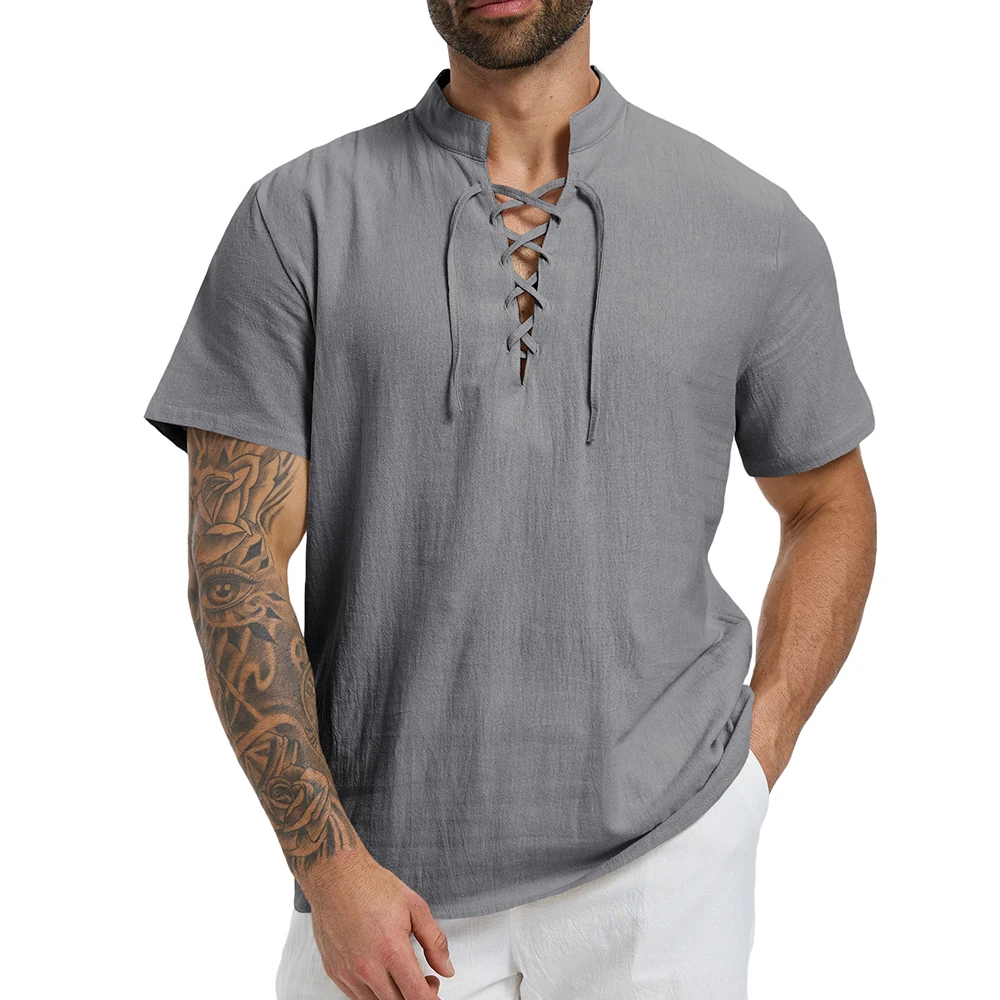 Men’s Vintage Pirate V-Neck Cotton Linen Shirt Breathable Gothic Style Tee Gift