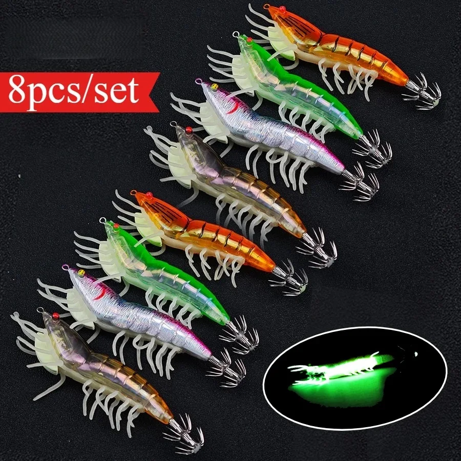 8 Stück/Set 12cm/27g Leuchtender Tintenfisch-Jig-Haken Garnelen-Köder Künstliche Angelzubehör Oktopus-Angelzubehör