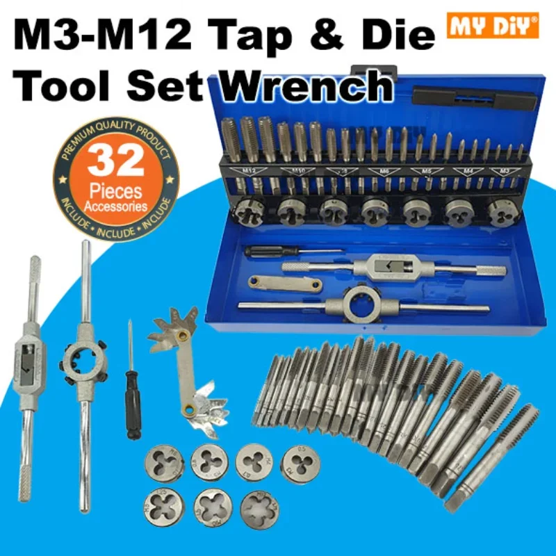 

6/32pcs Screw Thread Hand Metric Tap Wrench And Die Set / Hand Threading Tool Tungsten Carbide Tool Bit Set