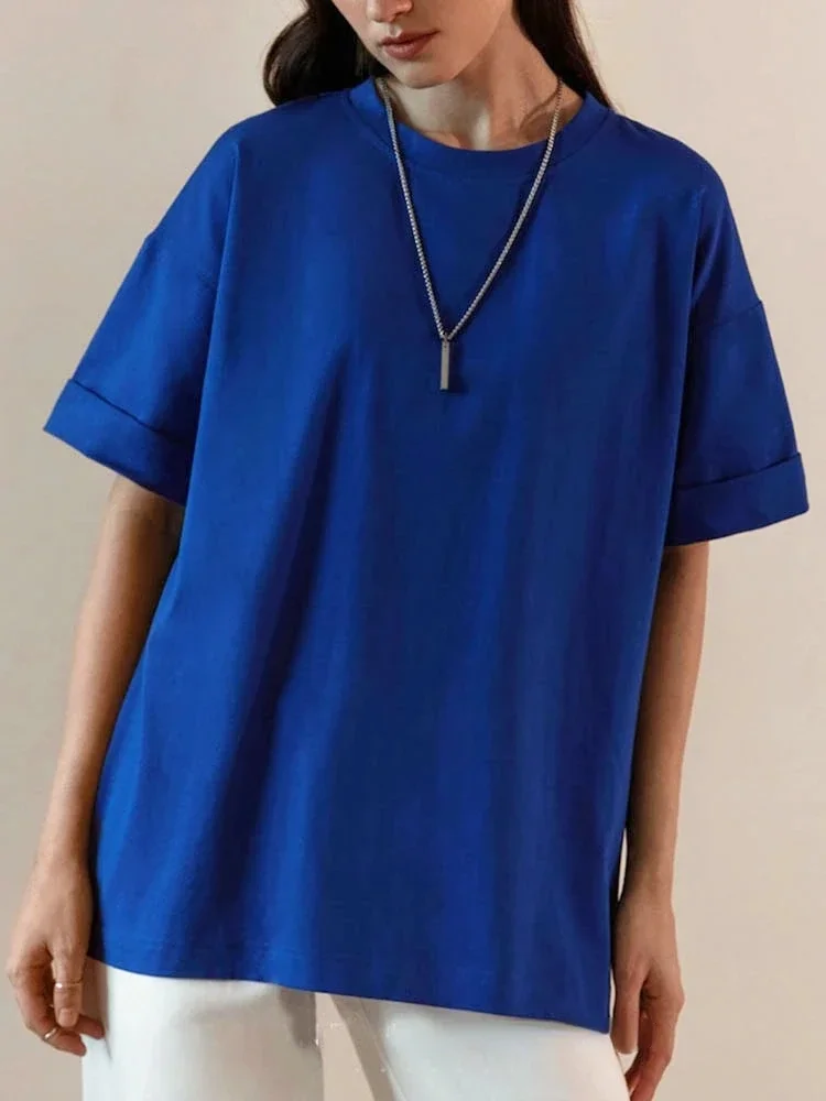 

Solid Women T-shirt Cotton 100℅ Loose New Summer O-neck Blue Oversized T Shirt Fashion Breathable Knitted Linen T Shirt Women