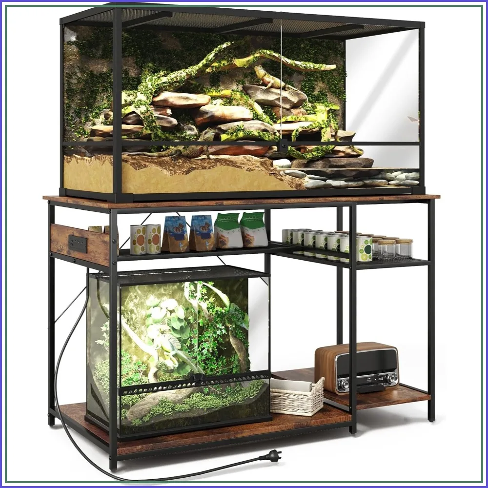 48×24 Reptile Tank Stand with Power Outlets, 120 Gallon Bearded Dragon Enclosure Table, Double Terrarium Rack
