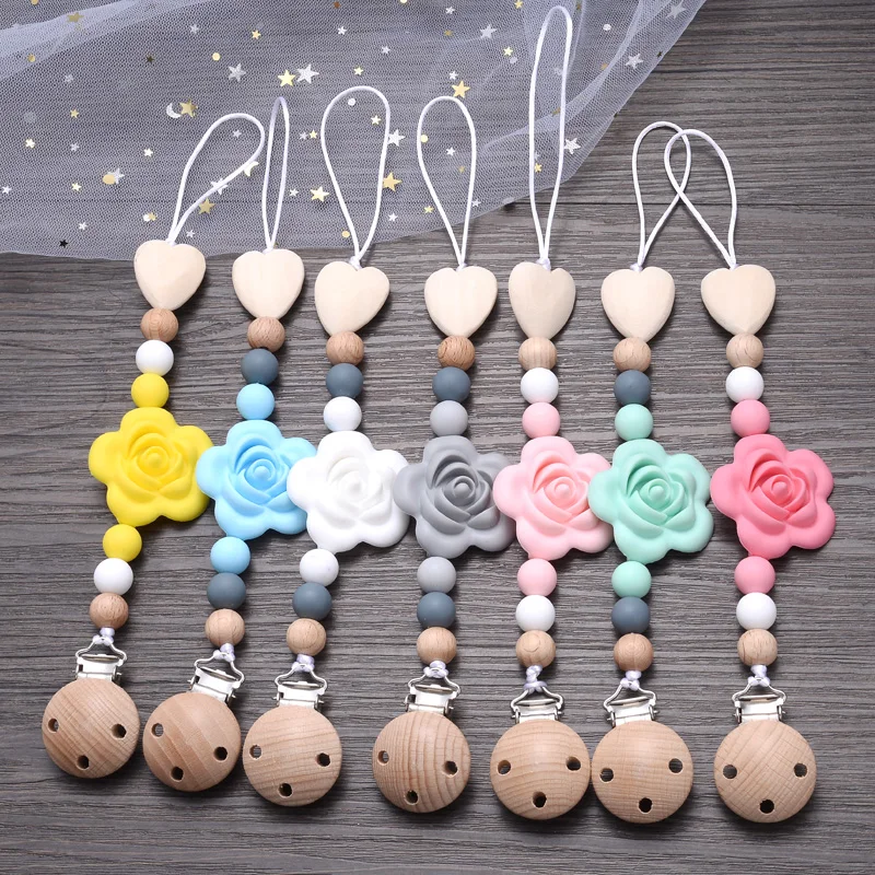 Baby Silicone Dummy Chain Wooden Pacifier Clip Cartoon Flower Teether Beads For Anti-Drop Teething Chain Nursing Chew Toys Gifts wooden baby pram clip toys silicone beads baby teether pacifier clip chain baby gym hanging toys stroller rattle mobile bed bell