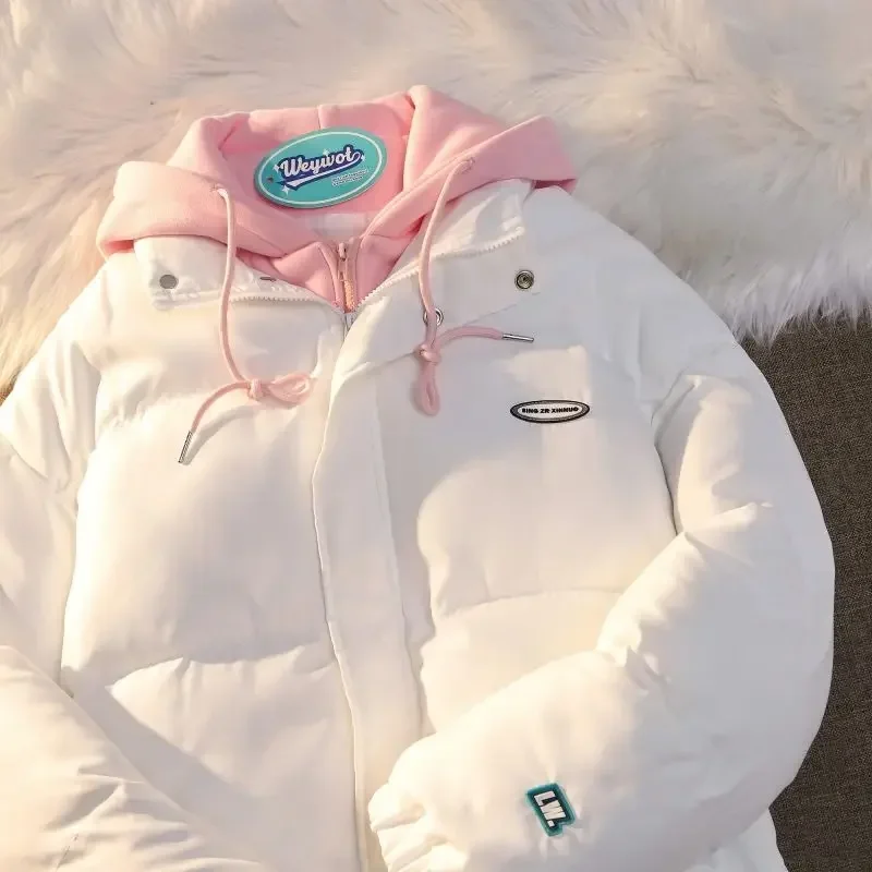 

Winter Cotton Padded Jackets High Quality Fake Two Piece Hooded Fashion Women's Warm Cotton Clamping Coats Zipper Bread Clothing