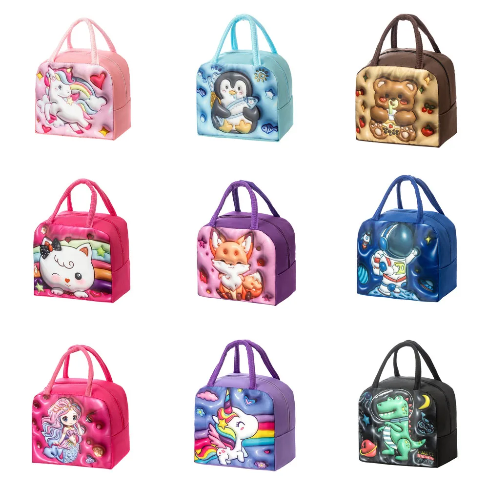 Cute 3D Cartoon Animal Pattern Lunch Bag for Children Portable Insulated Waterproof Large Capacity Picnic Bento Box