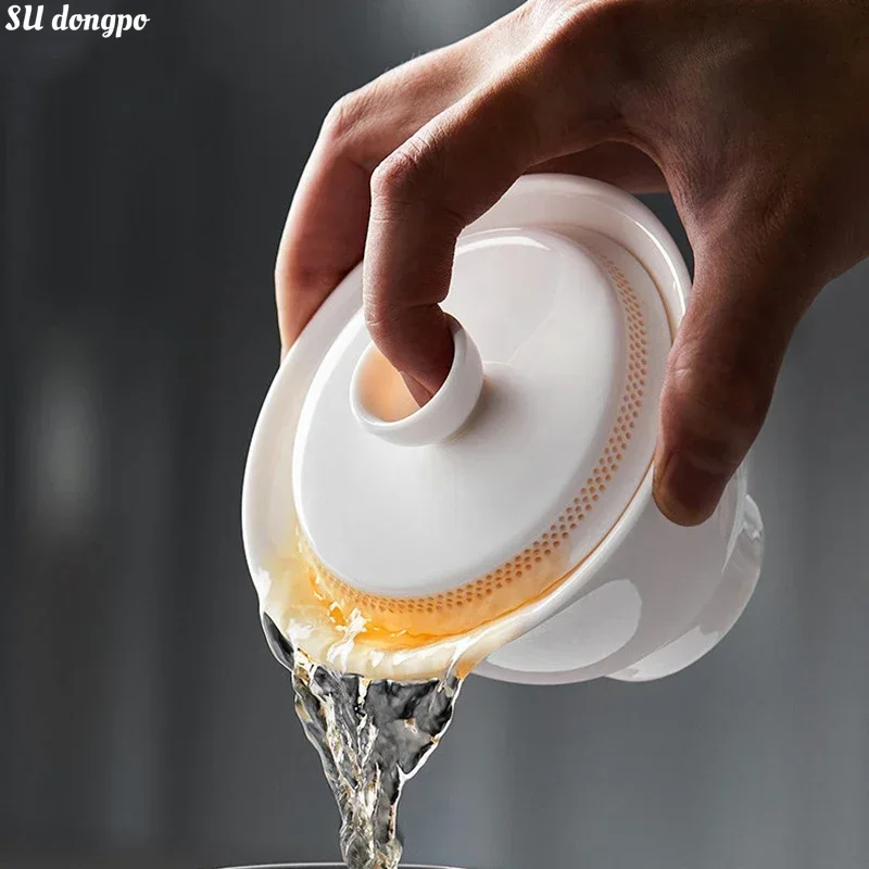 Sheep Fat Jade White Porcelain Gaiwan 360 &deg; Filtered Tea Bowl Anti Scalding Design Single Ceramic Tea Cup Kung Fu Set tea set