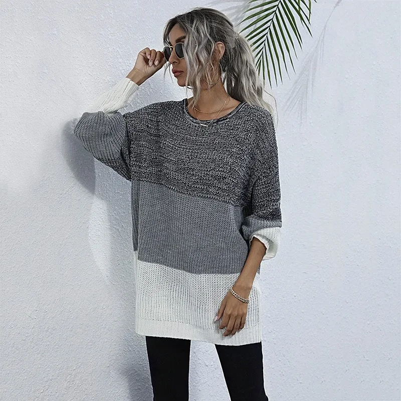 

Autumn and Winter Women's New Top Contrast Panel Knitted Shirt Lazy Pullover Mid length Sweater