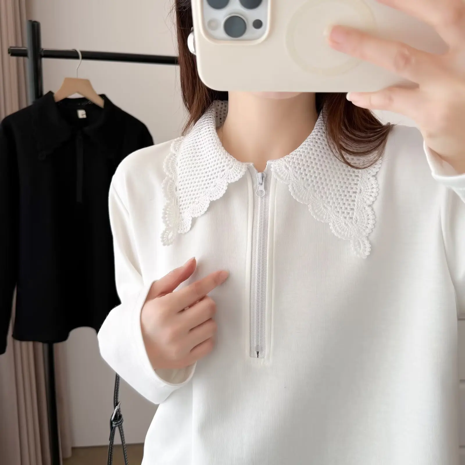 XXXXL Fashion Plus Size Women's T-Shirt Autumn New Style Stylish Casual Zipper Lace Lapel Long Sleeved Base Tops 933