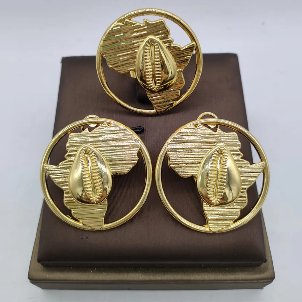 

Nigerian Gold Color Earrings and Ring Jewelry Set for Party Statement Design Clip Earrings and Ring Set for Weddings Daily Wear