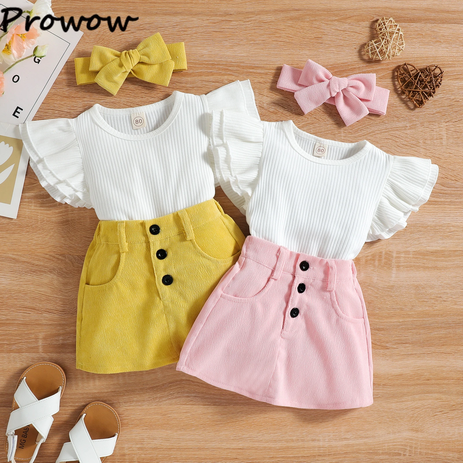 Prowow 0-4Y Newborn Baby Girl Clothes Dress Suit Ruffles White T-shirts+Corduroy Button Skirts Kids Girl Clothing Set best Baby Clothing Set
