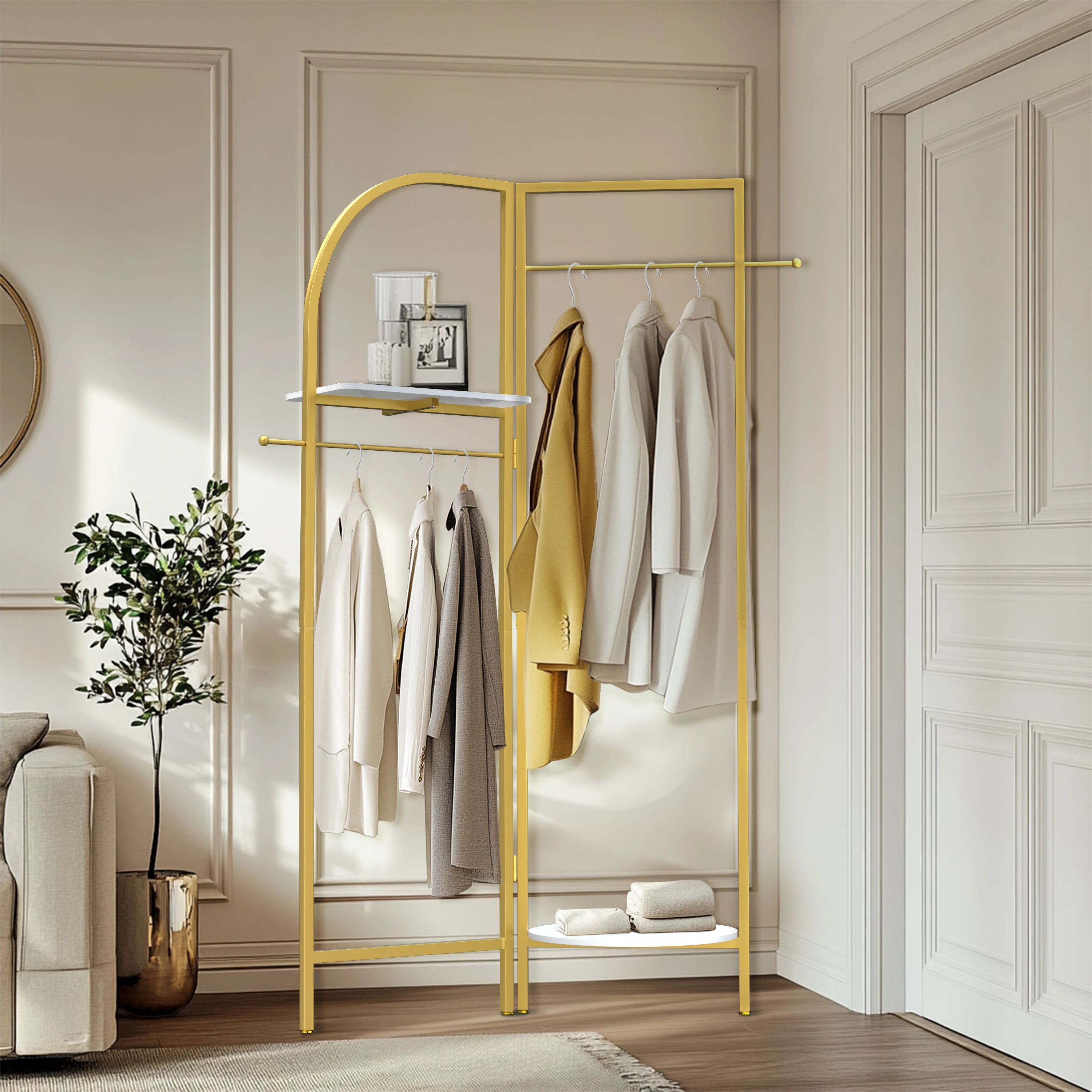 Freestanding Gold Metal Coat Rack Entryway Corner Clothes Stand with Shelf