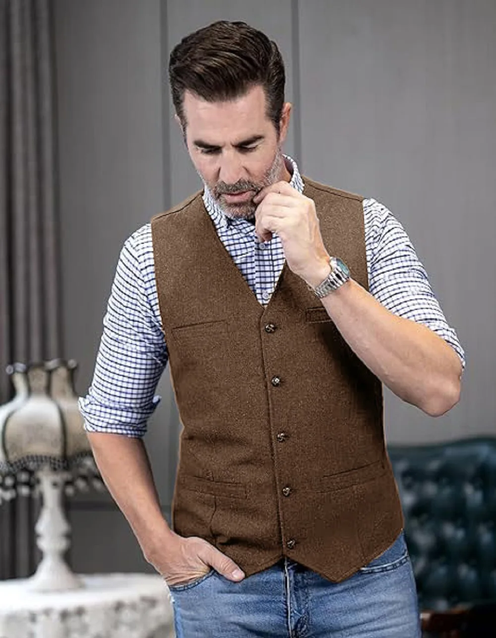 Men's Suit Vest Tweed Retro V Neck Wool Single Breasted Vests for Men Male Gilet Mens Formal Man Clothing High Quality Brand