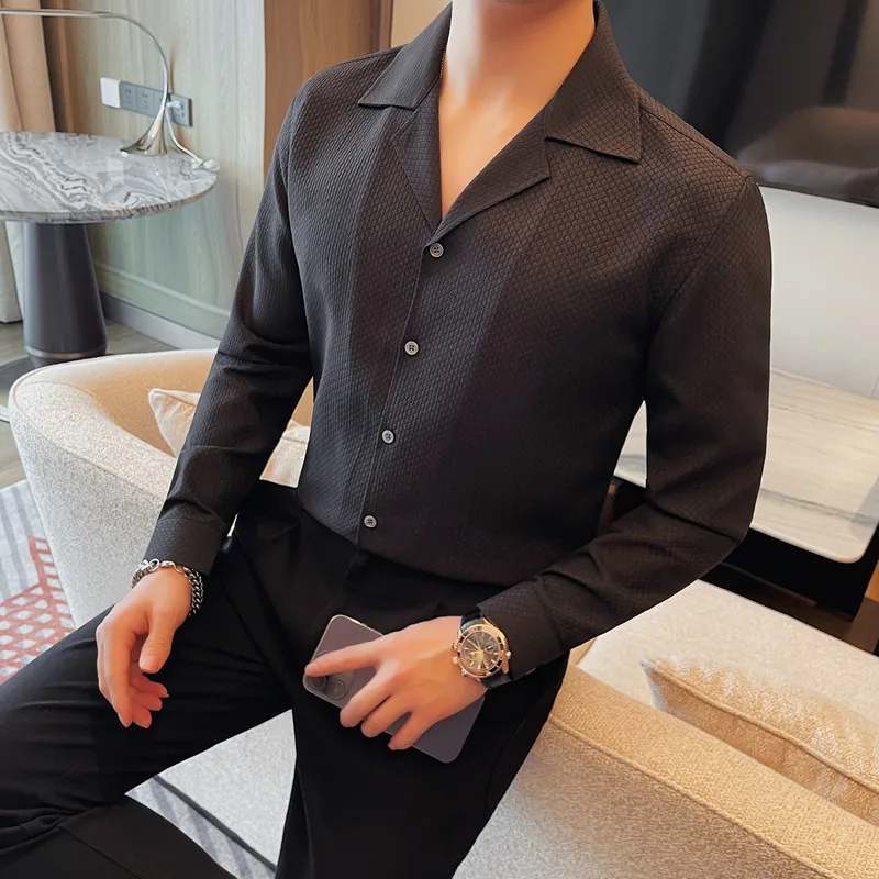 남성용 V넥 긴팔 셔츠, 비즈니스 용수철, 편안한 캐주얼 격자 무늬 셔츠, 단색, 폭발적인 고급 패션