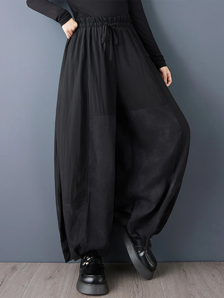Oversized Patchwork High Waist Wide Leg Pants Women New Drawstring Fashion Casual Loose Vintage Trousers Spring Autumn 2025