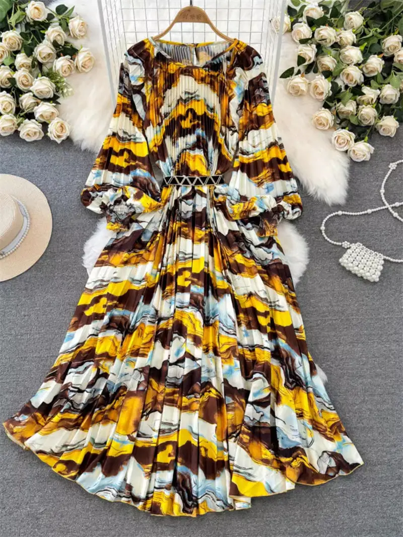 

Женское элегантное платье с принтом, роскошное весенне-осеннее модное платье-трапеция с рукавами-фонариками и круглым ремешком, модель K093, 2024