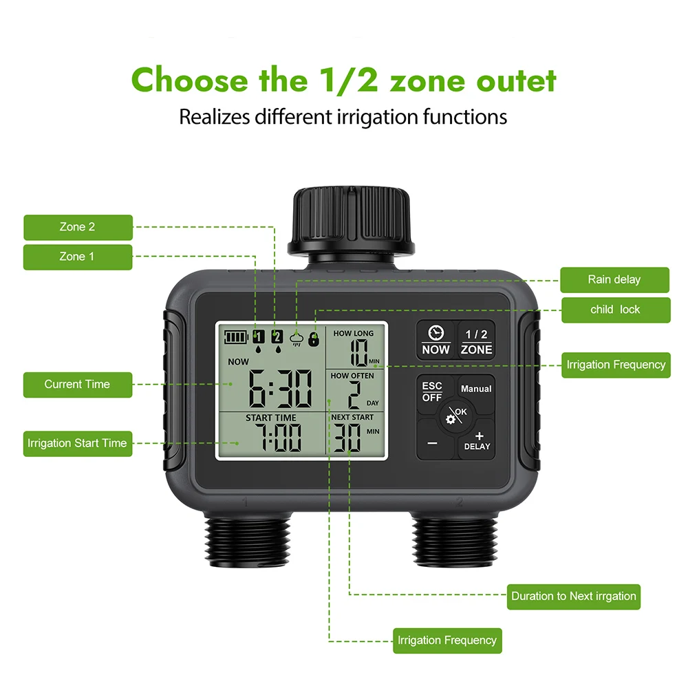 Garden Water Timer 1/2/3 Zone Programmable Automatic Irrigation Timer with Rain Delay Manual/Auto Mode Watering for Lawn Yard - 6
