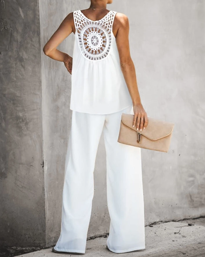 Bohemian Women's Casual Hollow Out Tank Top & Wide Leg Pants Set Summer New Female Fashion Loose Trousers Sets Two Piece Outfits