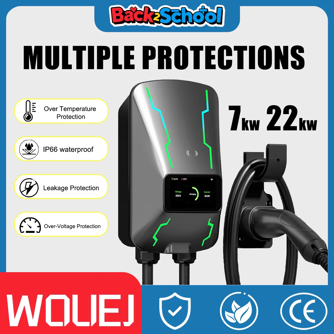 WOUEJ EV Charging Station W3 Type 2 7KW 32A 1 Phase Electric Vehicle Car Charger Wallbox with LCD Screen APP Control RFID Card