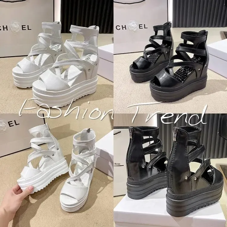 Women's High Heel Sandals 13CM Slope Heel Thick Bottom Cross Band Fish Mouth Shoes Increased Height Summer Shoes