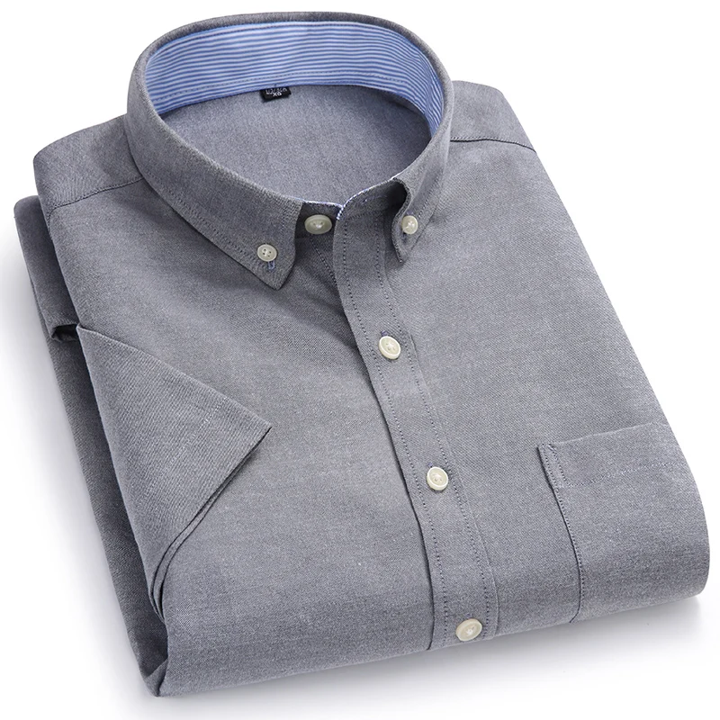 Men Oxford Fabric Shirts Turn Down Collar Front Pocket Button Short Sleeve Solid Color Summer Smart Casual Shirts Dress 3