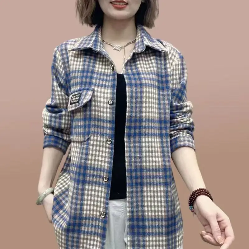 Camicia Giacca Primavera Allentata Moda Chic Overshirts Camicia Scozzese Camicette Casual A Scacchi Donna Maniche Lunghe Abbottonatura Top D343