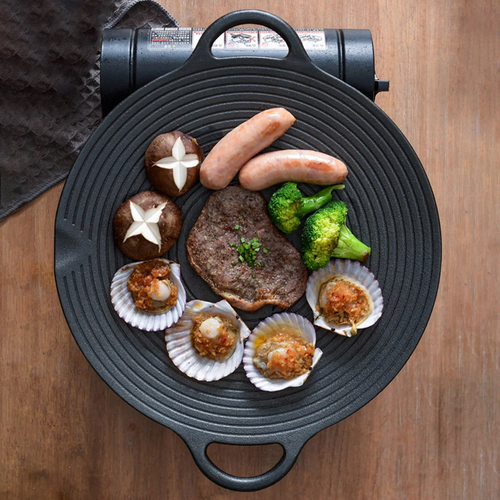 30/35/37CM Outdoor BBQ Grill Pan Non Stick Stovetop Baking Tray Korean Roasting Grill Plate Camping Equipment Iron Round Griddle Kitchen Utensils Camping Cookware