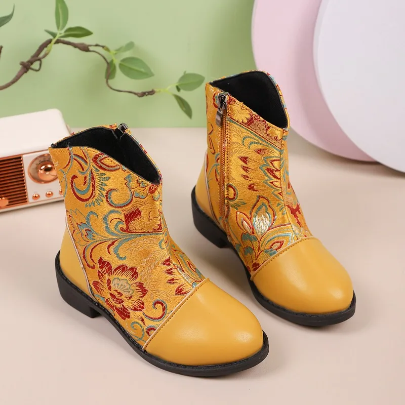 Kids Leather Boots Chinese Ethnic Style Girls Princess Boots Embroidered Chic 2025 Autumn Winter New Children Short Boots Zipper