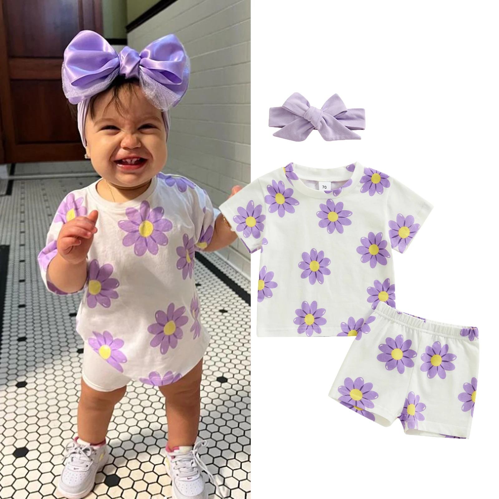 FOCUSNORM 0-3Y Lovely Baby Girls Summer Clothes Sets 3pcs Flowers Print Short Sleeve T Shirts Tops Shorts Hairband