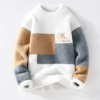 Men's Classic Autumn Winter Knitted Sweater Mid Neck Fleece Lined Letter Print Base Layer Fashionable Korean Style Long Sleeve